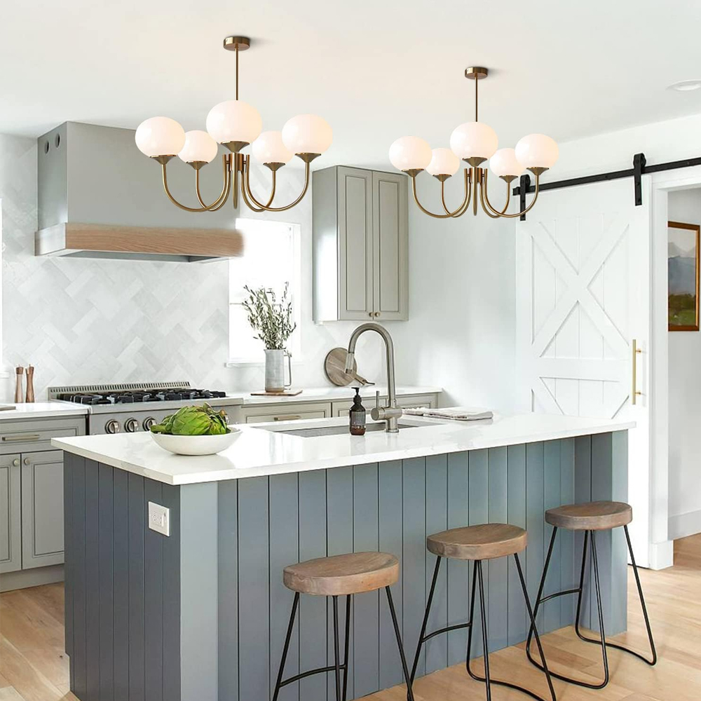 Modern 5-Light Globe Chandelier Light Fixture with Pink Smooth Glass Shade French Home Decor Glass Hanging Lamp-Handwovenlamp