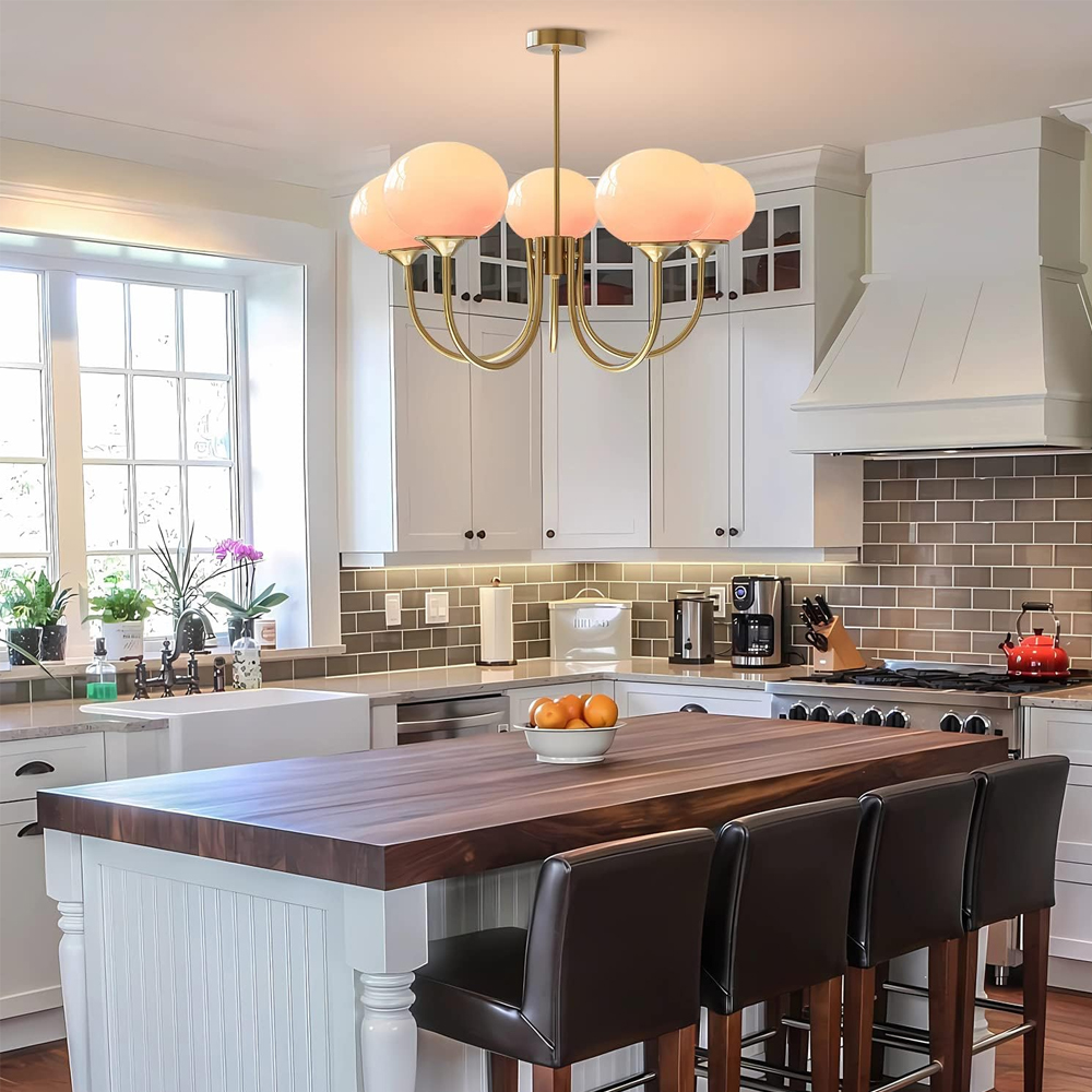 Modern 5-Light Globe Chandelier Light Fixture with Pink Smooth Glass Shade French Home Decor Glass Hanging Lamp-Handwovenlamp