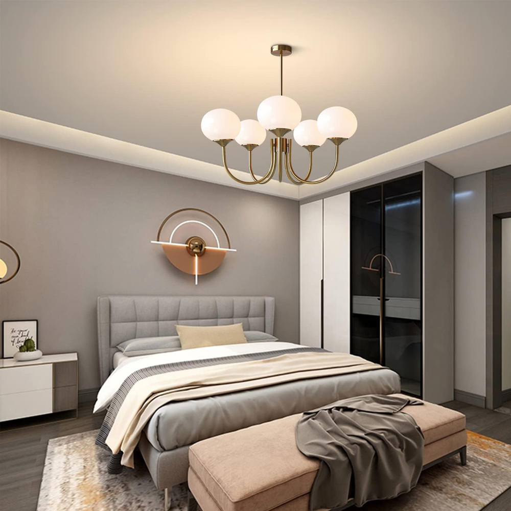 Modern 5-Light Globe Chandelier Light Fixture with Pink Smooth Glass Shade French Home Decor Glass Hanging Lamp-Handwovenlamp