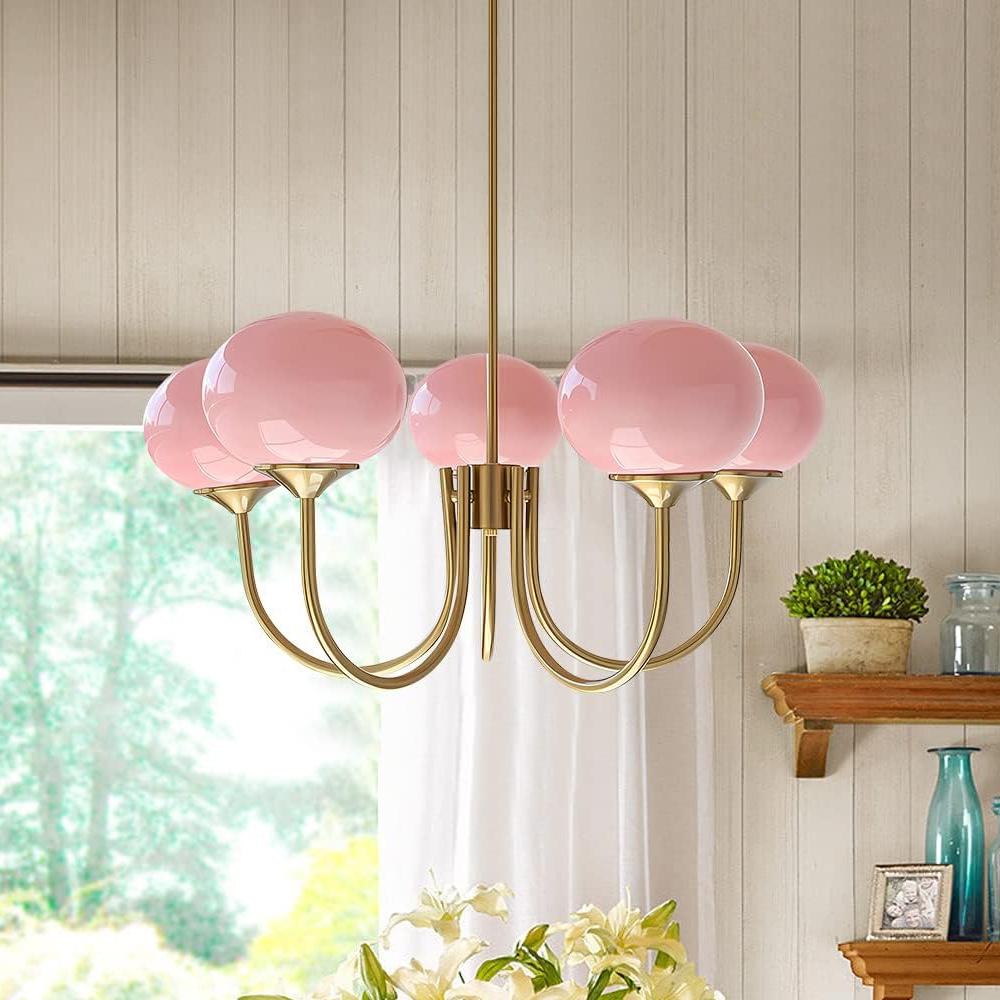 Modern 5-Light Globe Chandelier Light Fixture with Pink Smooth Glass Shade French Home Decor Glass Hanging Lamp-Handwovenlamp