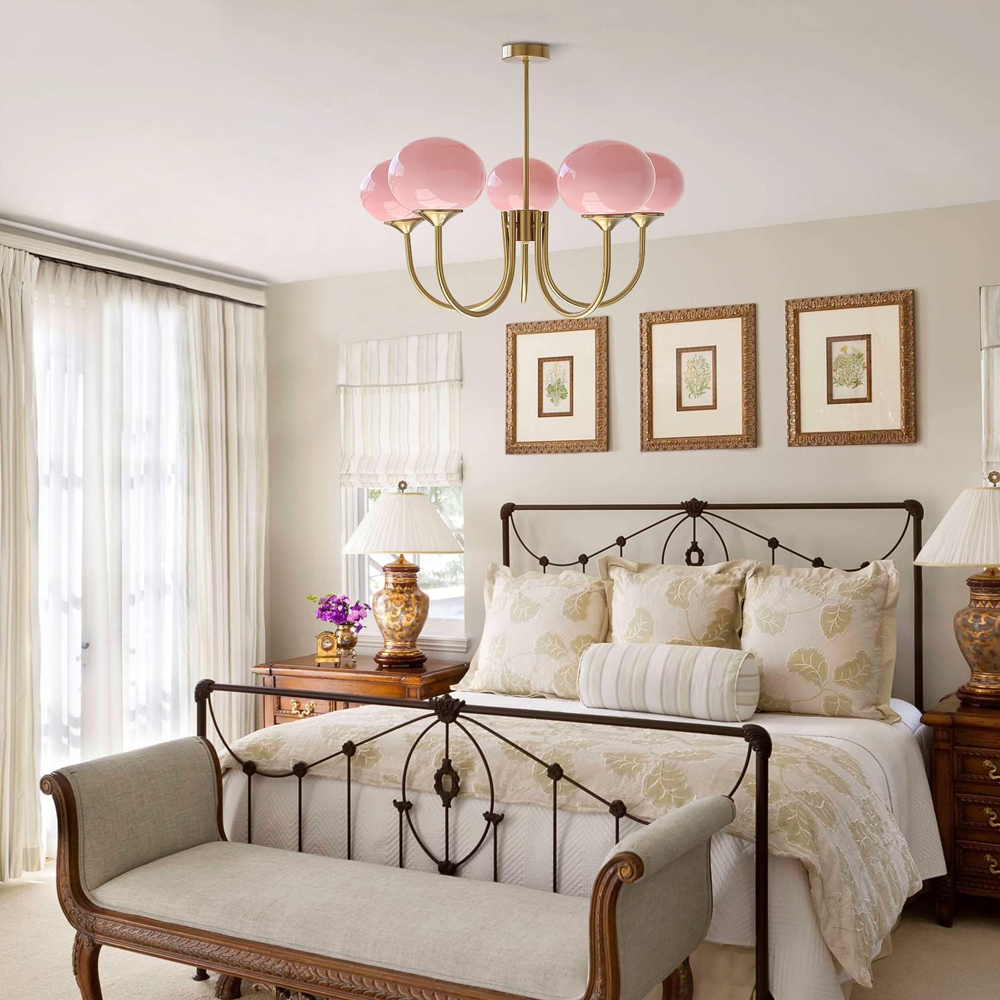 Modern 5-Light Globe Chandelier Light Fixture with Pink Smooth Glass Shade French Home Decor Glass Hanging Lamp-Handwovenlamp