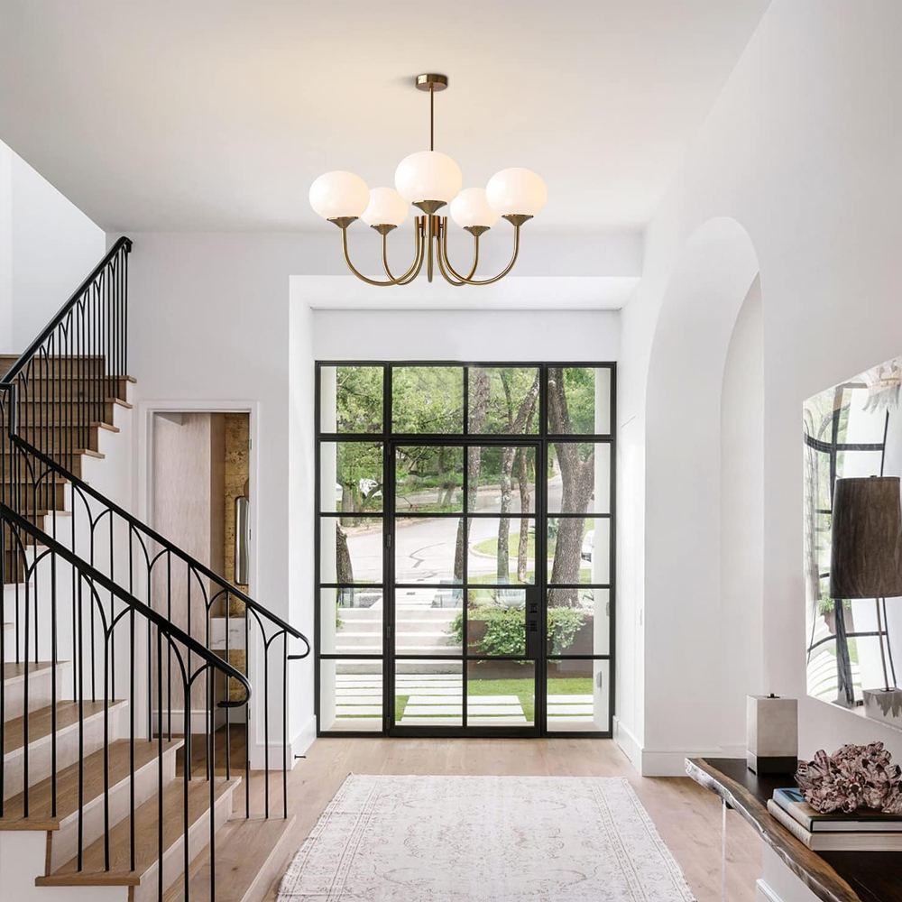 Modern 5-Light Globe Chandelier Light Fixture with Pink Smooth Glass Shade French Home Decor Glass Hanging Lamp-Handwovenlamp