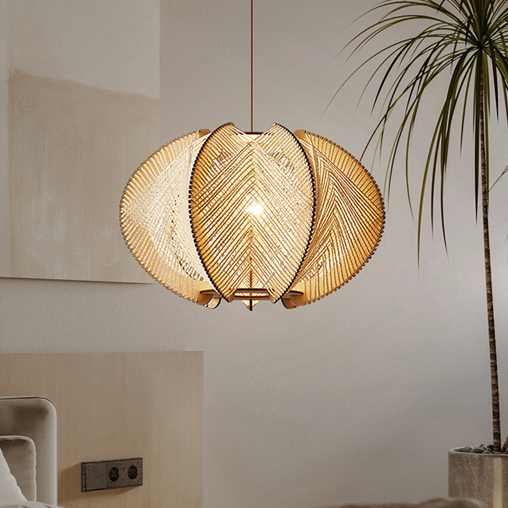 Wabi Sabi Scandinavian Wooden Pendant Lights Mid Century  Rope Chandelier-Handwovenlamp