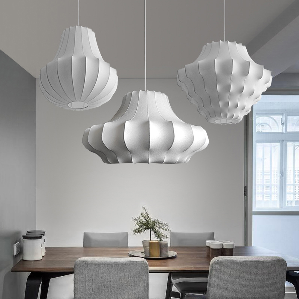 Nordic Simple White Silk Chandelier Dining Room Fabric Pendant Lighting-Handwovenlamp
