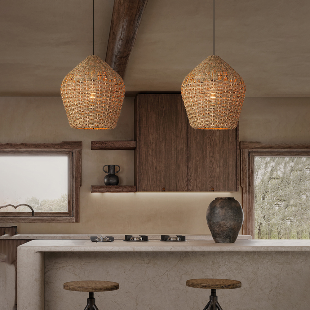 Wabi-sabi Kitchen Island Rattan Pendant Light Retro Grass Chandelier-Handwovenlamp