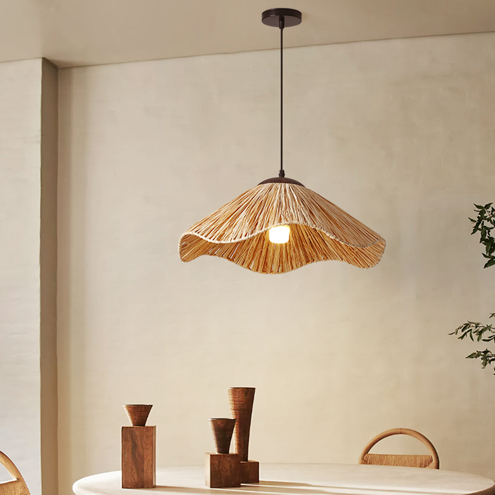 Japanese Creative Straw Hat B&B Woven Rattan Pendant Light Wabi-sabi style Hemp Rope Lamp Shade-Handwovenlamp