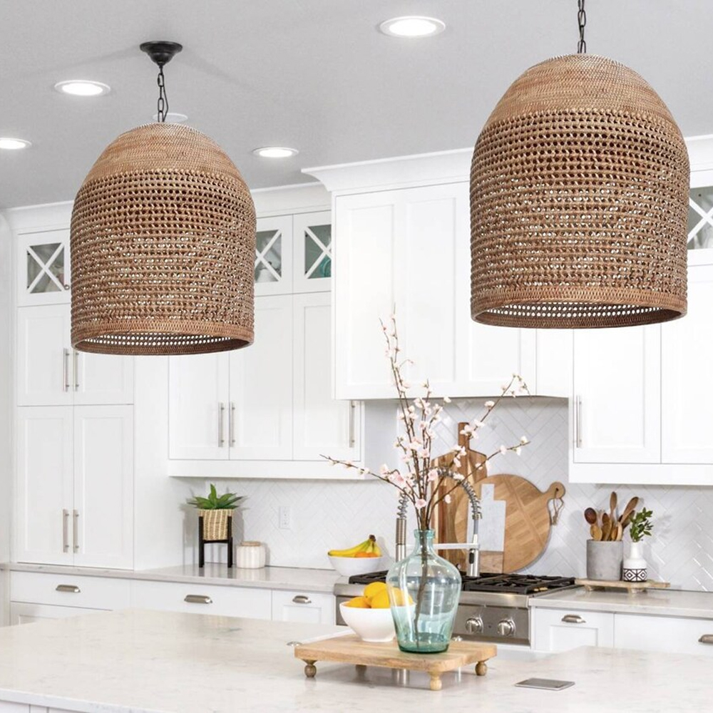 Hand-knitted Rattan Pendant Light Modern Scandinavian Bell Shape Kitchen Island Lighting-Handwovenlamp