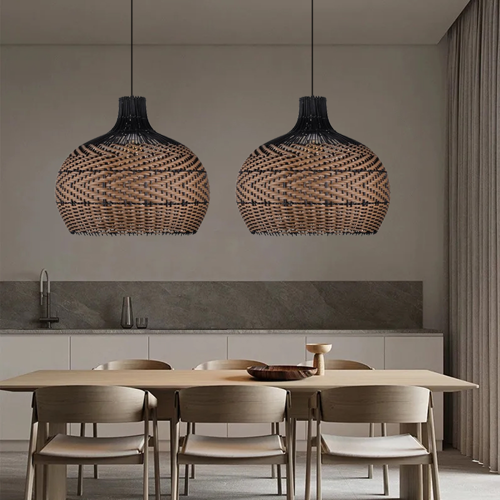 Black Rattan Hanging Lamp Fixture Wabi Sabi Farmhouse Retro Dining Room Chandelier-Handwovenlamp