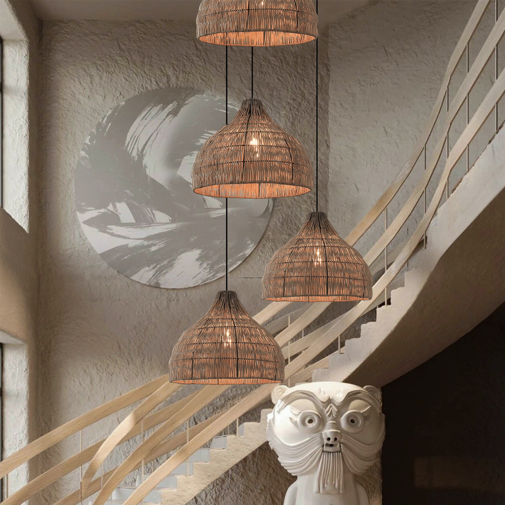 Wabi-sabi Style Stair Chandelier Duplex Loft Villa Rattan Pendant Lamp-Handwovenlamp