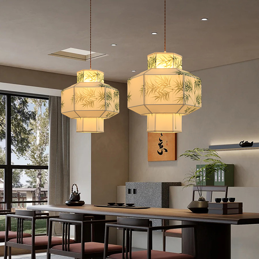 Japandi Style Bamboo Pattern Lantern Chandelier Restaurant Zen tea room Lampshade-Handwovenlamp