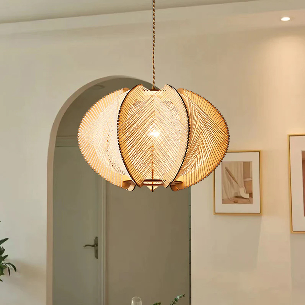 Wabi Sabi Scandinavian Wooden Pendant Lights Mid Century  Rope Chandelier-Handwovenlamp