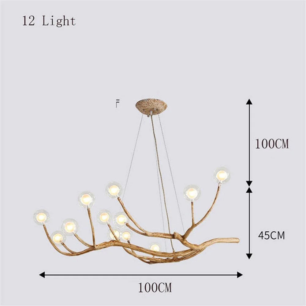 Nordic Rustic Tree Branch Hanging Chandelier with Bubble Glass lighting-Handwovenlamp