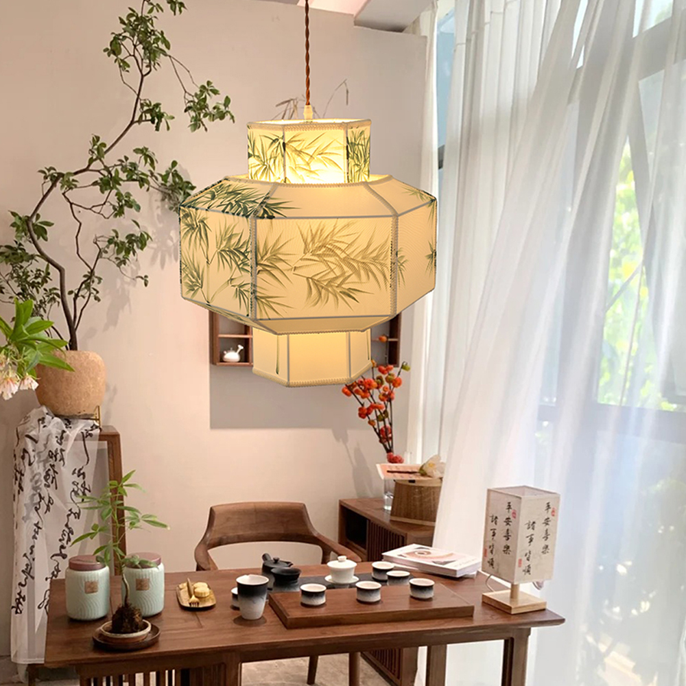 Japandi Style Bamboo Pattern Lantern Chandelier Restaurant Zen tea room Lampshade-Handwovenlamp