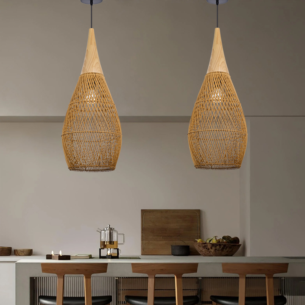 Rattan Wood Hanging Lamp Farmhouse Vintage Living Room Water Drop Chandelier-Handwovenlamp