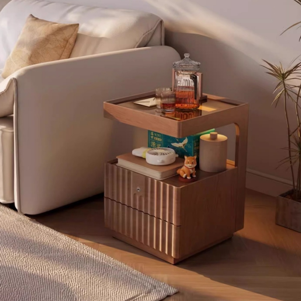 Bedroom Solid Wood Lockable Bedside Table Living Room With Lamp Side Table