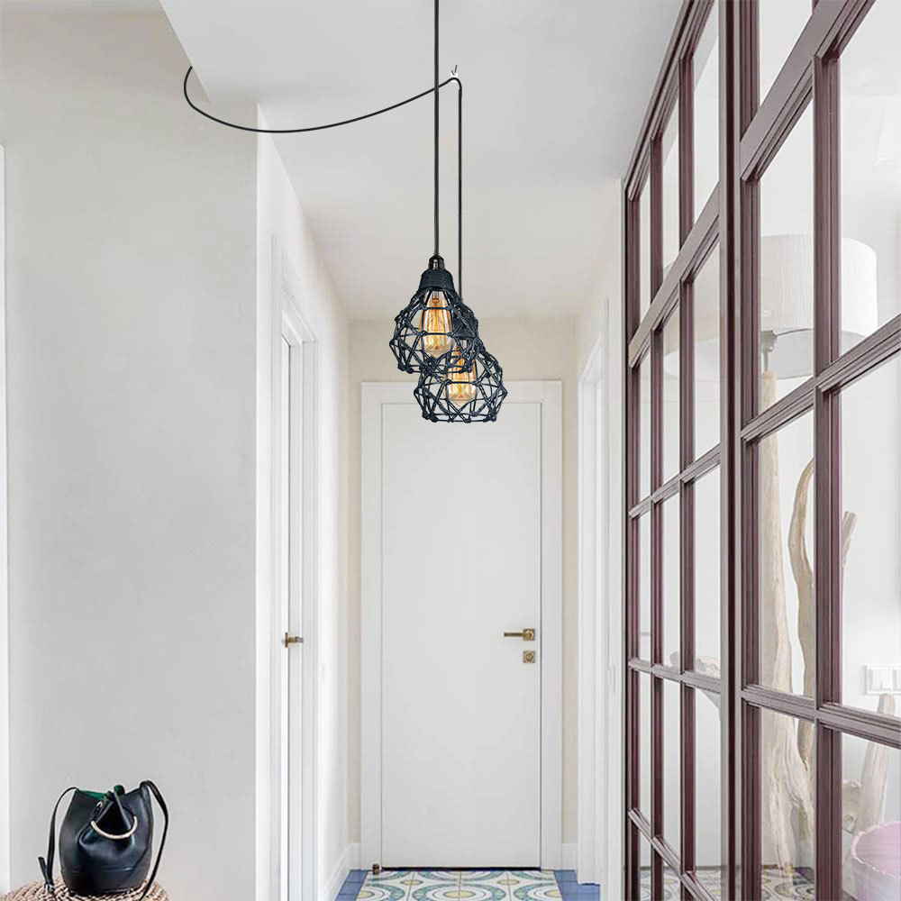 Industrial Retro Hemp Rope Diamond Head Metal Cage Loft Iron Wire Welding Lampshade-Handwovenlamp