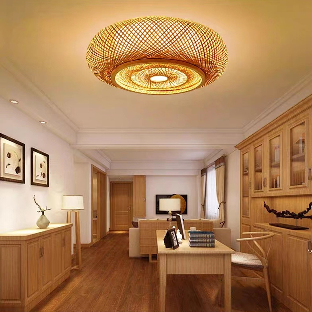 Japanese Style Flush Mount Bamboo Ceiling Light For Living Room-Handwovenlamp