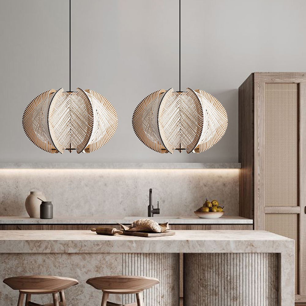 Retro Wabi sabi Irregular Dining Room Hanging Lamp Wooden Rope Light Fixture-Handwovenlamp