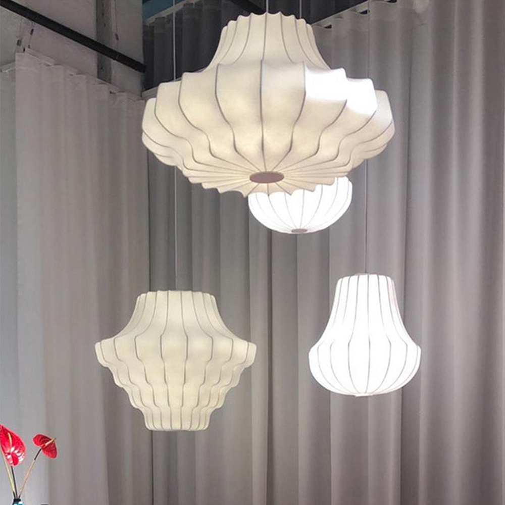 Nordic Simple White Silk Chandelier Dining Room Fabric Pendant Lighting-Handwovenlamp
