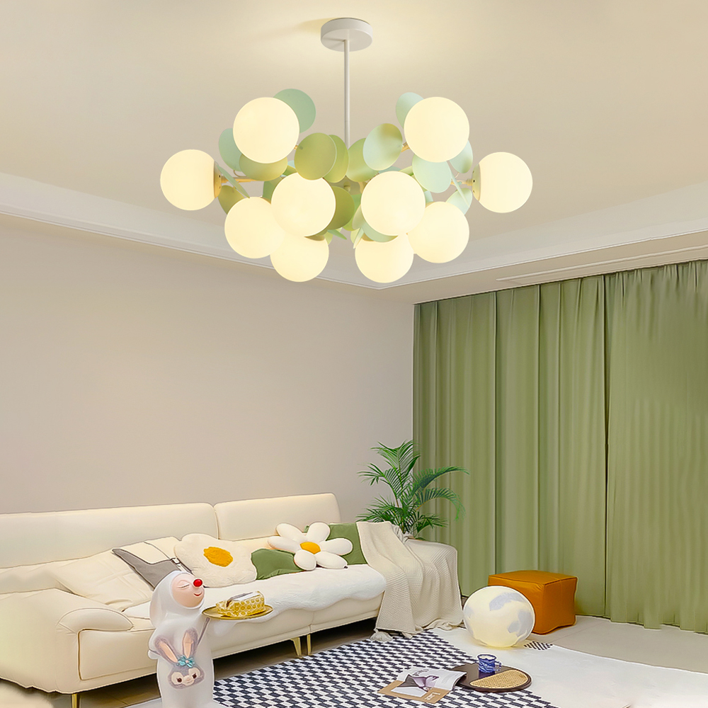 French Cream Style Living Room Glass Pendant Light Modern Green Bubble Chandelier-Handwovenlamp