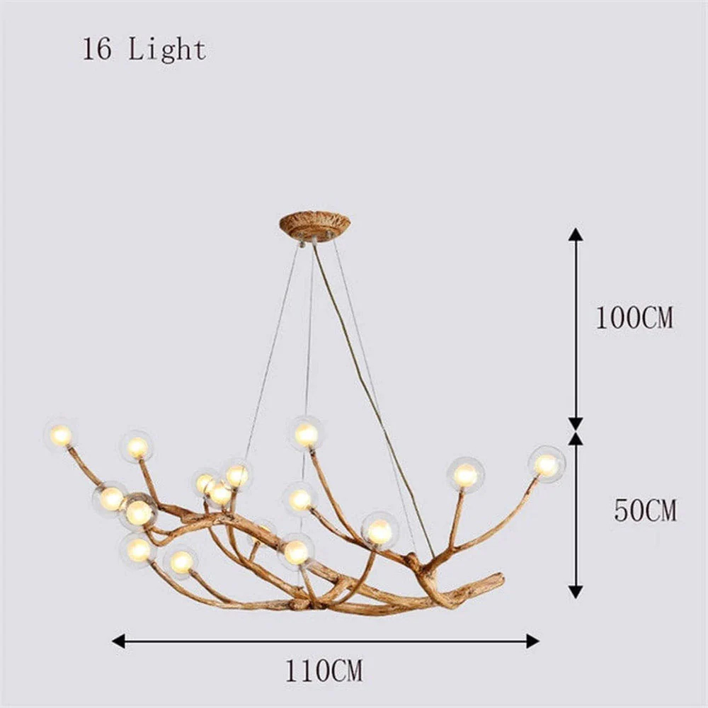 Nordic Rustic Tree Branch Hanging Chandelier with Bubble Glass lighting-Handwovenlamp