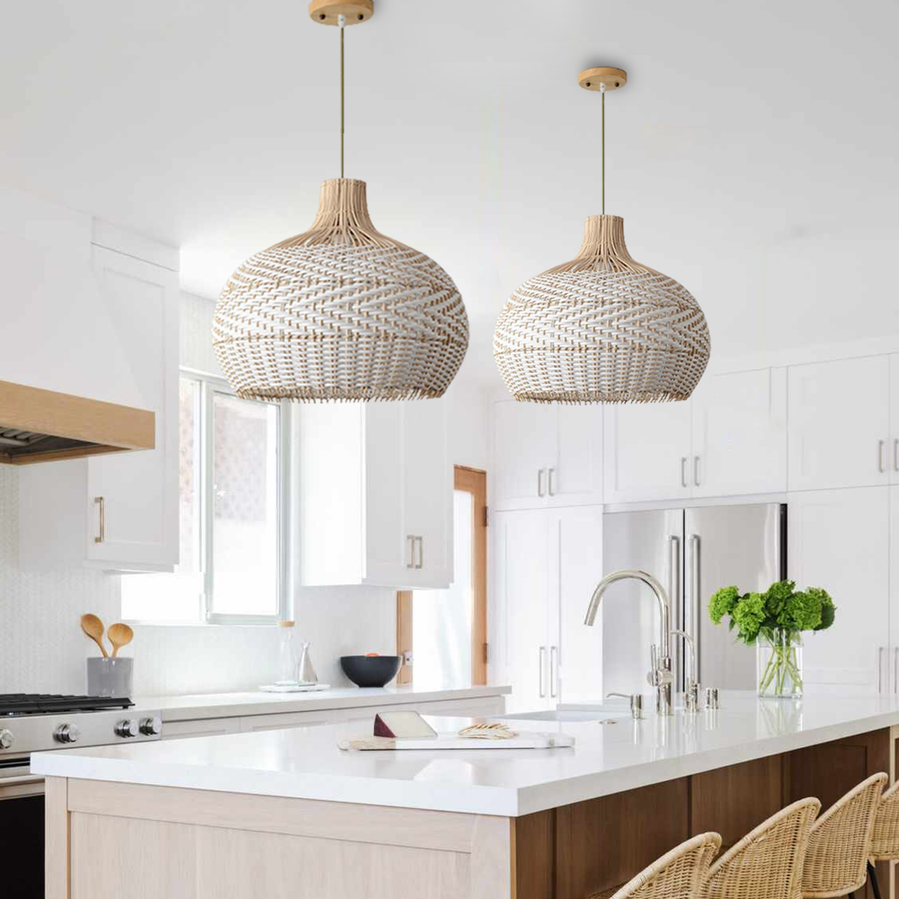 Elegant White Rattan Kitchen Island Pendant Light Shade-Handwovenlamp