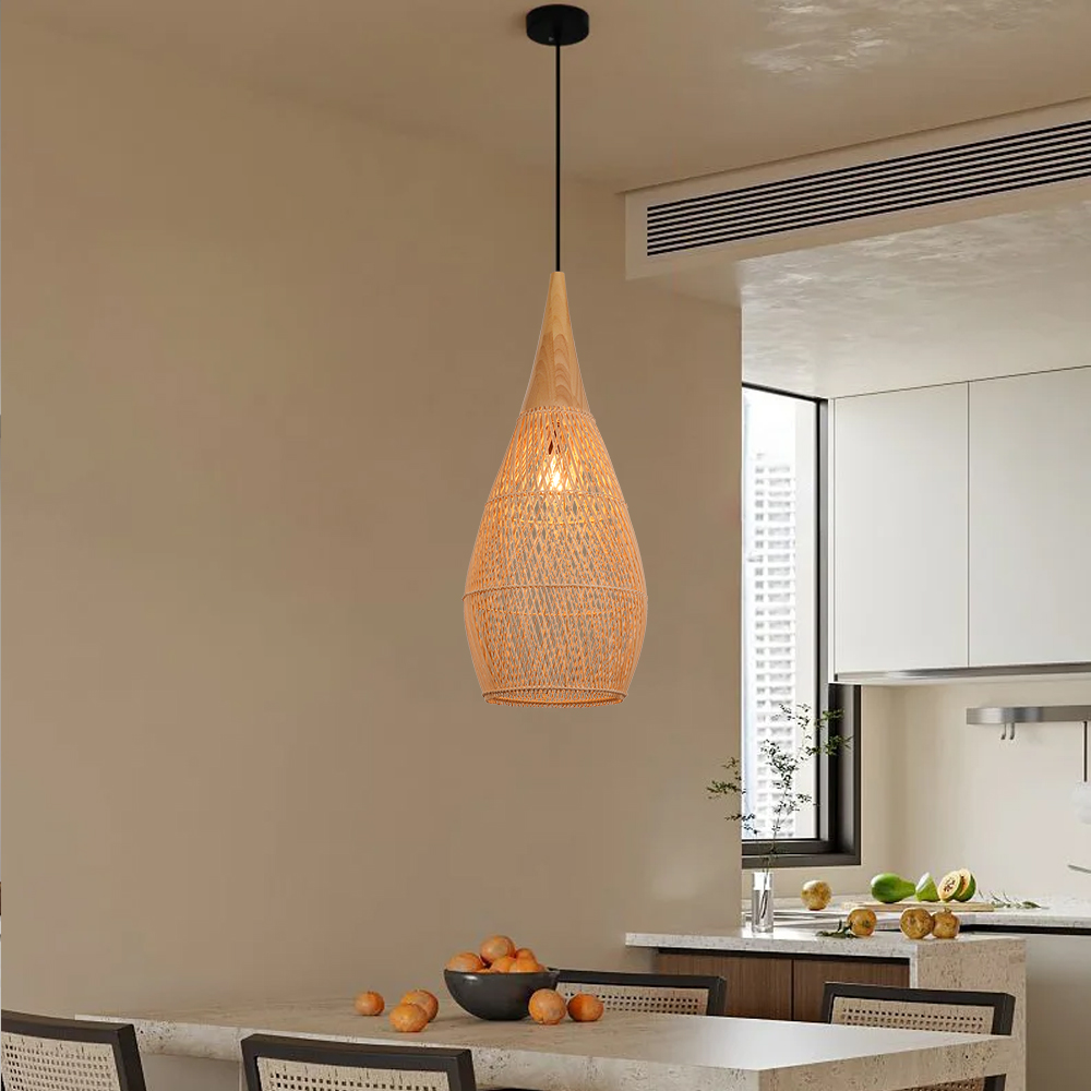 Rattan Wood Hanging Lamp Farmhouse Vintage Living Room Water Drop Chandelier-Handwovenlamp