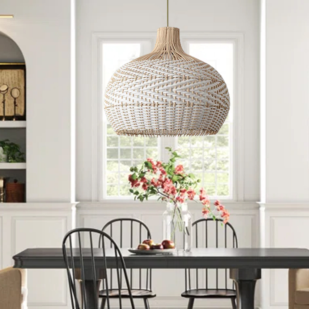 Elegant White Rattan Kitchen Island Pendant Light Shade-Handwovenlamp