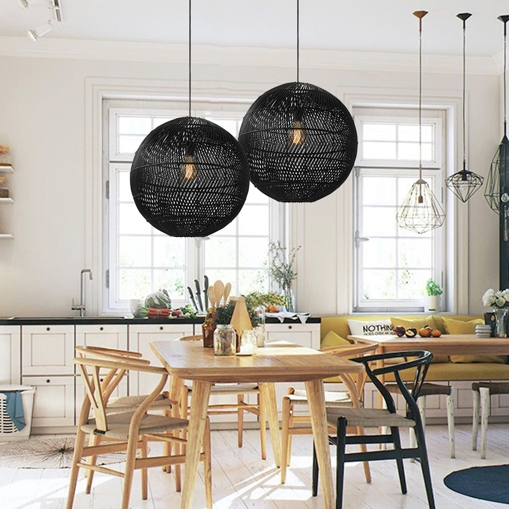 Black or Natural rattan color Round Rattan Pendant Light For Kitchen Island-Handwovenlamp