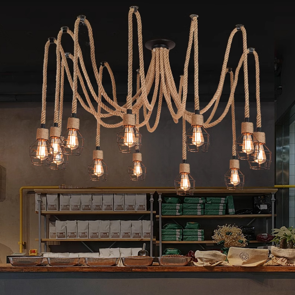 Spherical Cage Rope 6-Lights Brown Pendant Lighting Fixture-Handwovenlamp