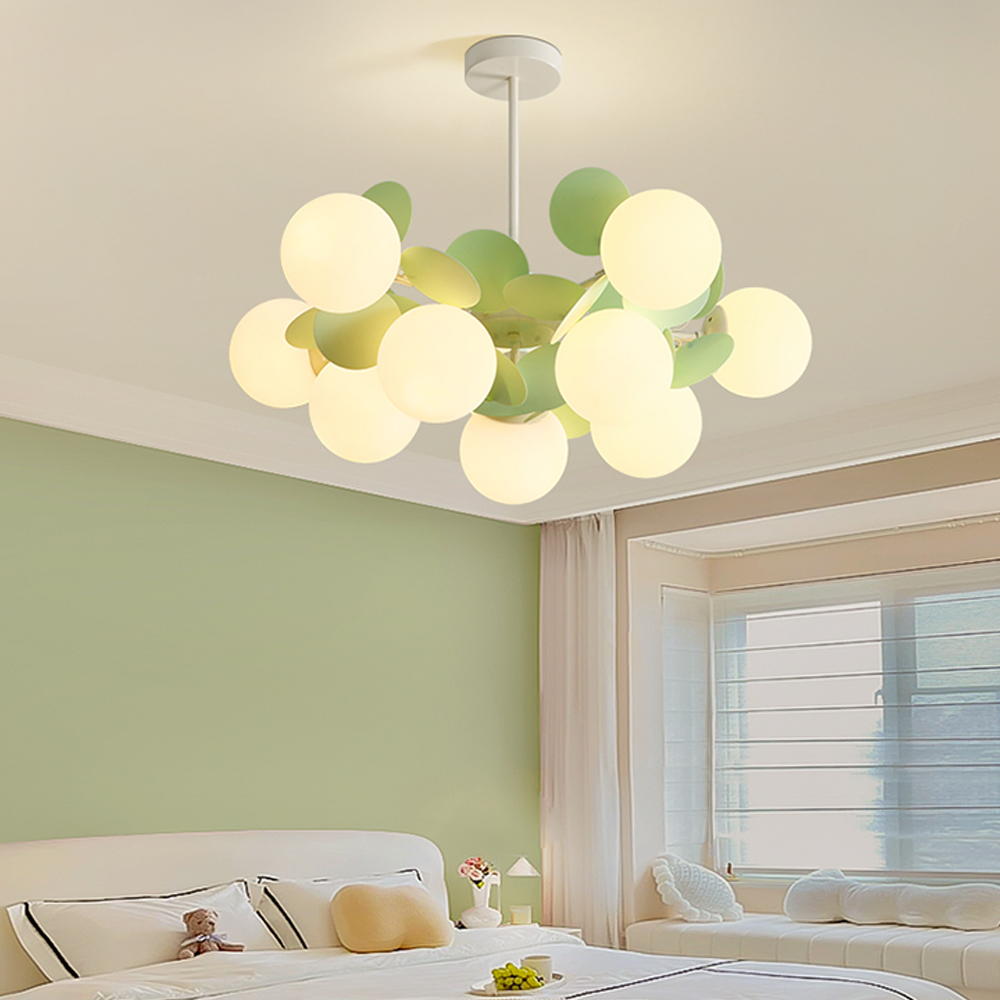 French Cream Style Living Room Glass Pendant Light Modern Green Bubble Chandelier-Handwovenlamp