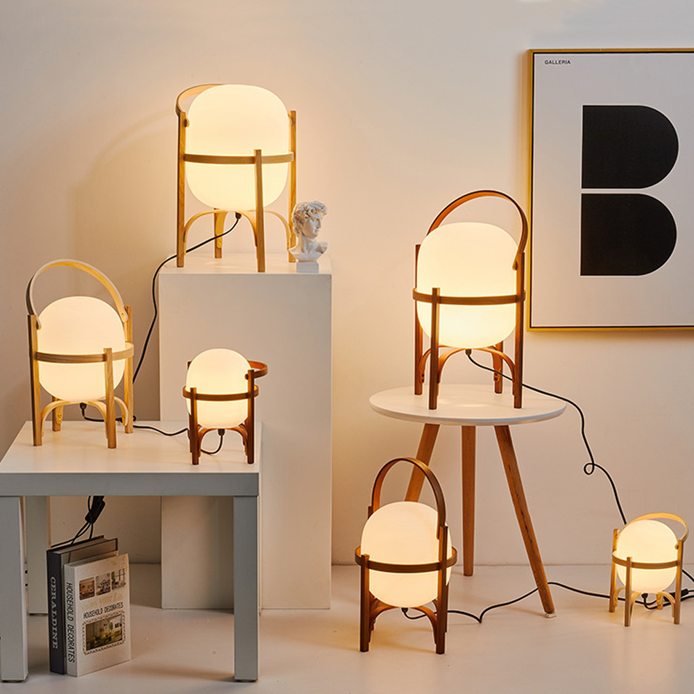 Simple Japanese Solid Wood Floor Lamp Designer Basket Glass Table Lamp Bedside Light-Handwovenlamp