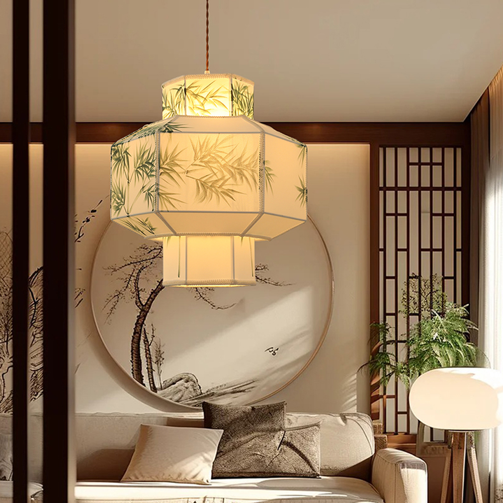 Japandi Style Bamboo Pattern Lantern Chandelier Restaurant Zen tea room Lampshade-Handwovenlamp