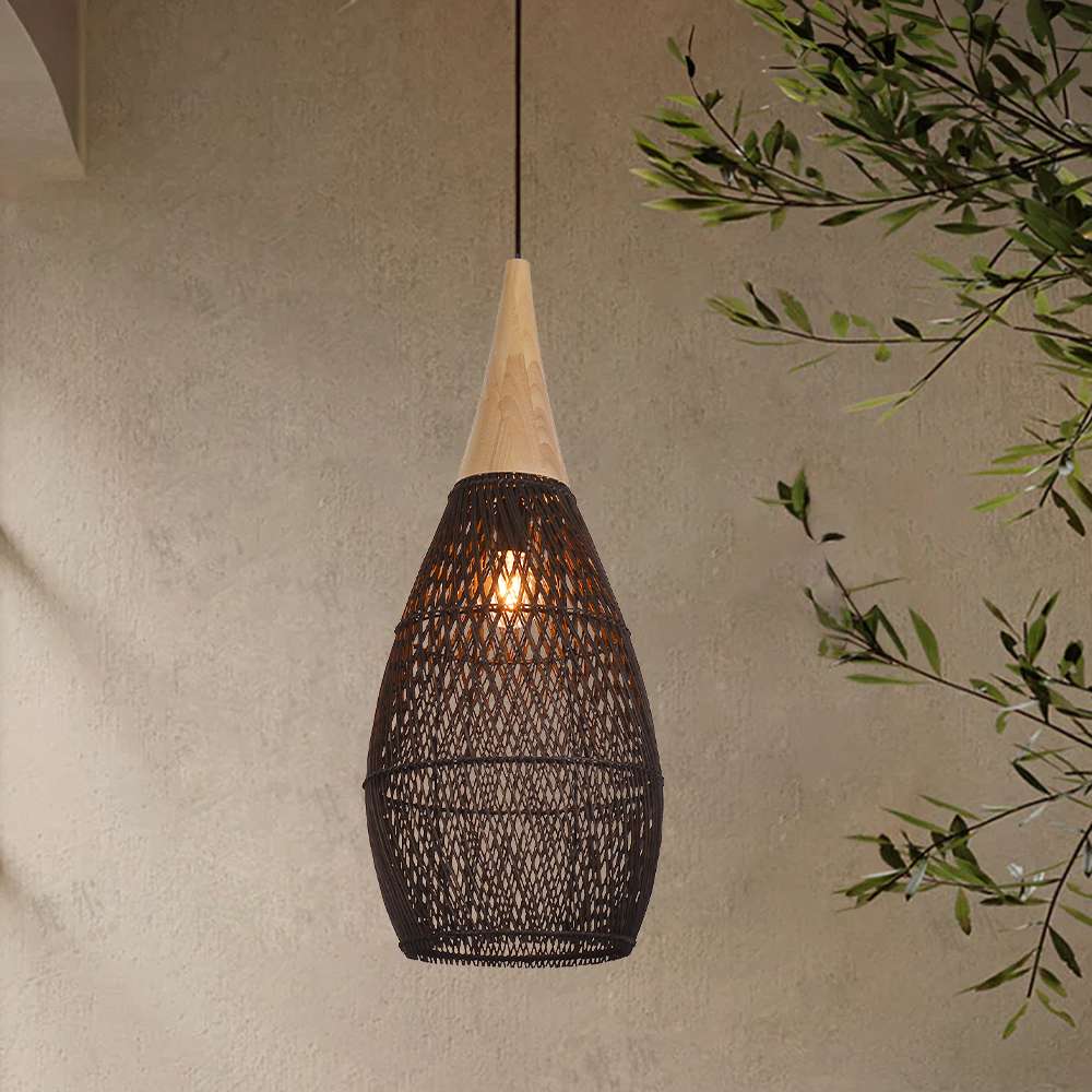 Rattan Wood Hanging Lamp Farmhouse Vintage Living Room Water Drop Chandelier-Handwovenlamp