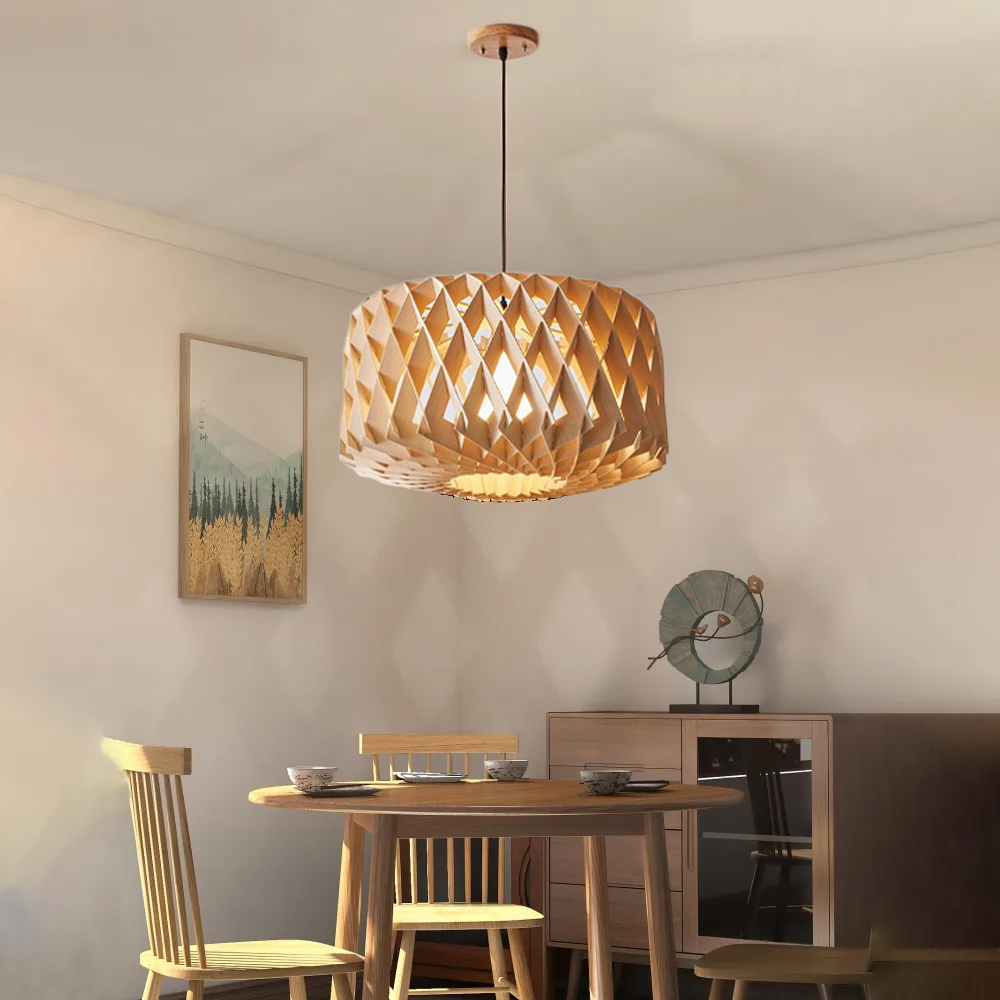 Wabi-Sabi Wooden Pendant Light Dining Room Basswood Chandelier-Handwovenlamp