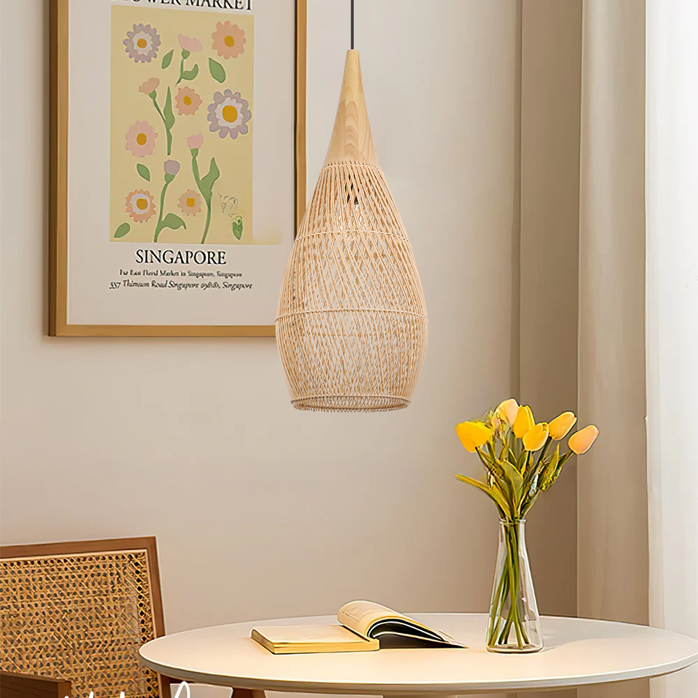 Rattan Wood Hanging Lamp Farmhouse Vintage Living Room Water Drop Chandelier-Handwovenlamp