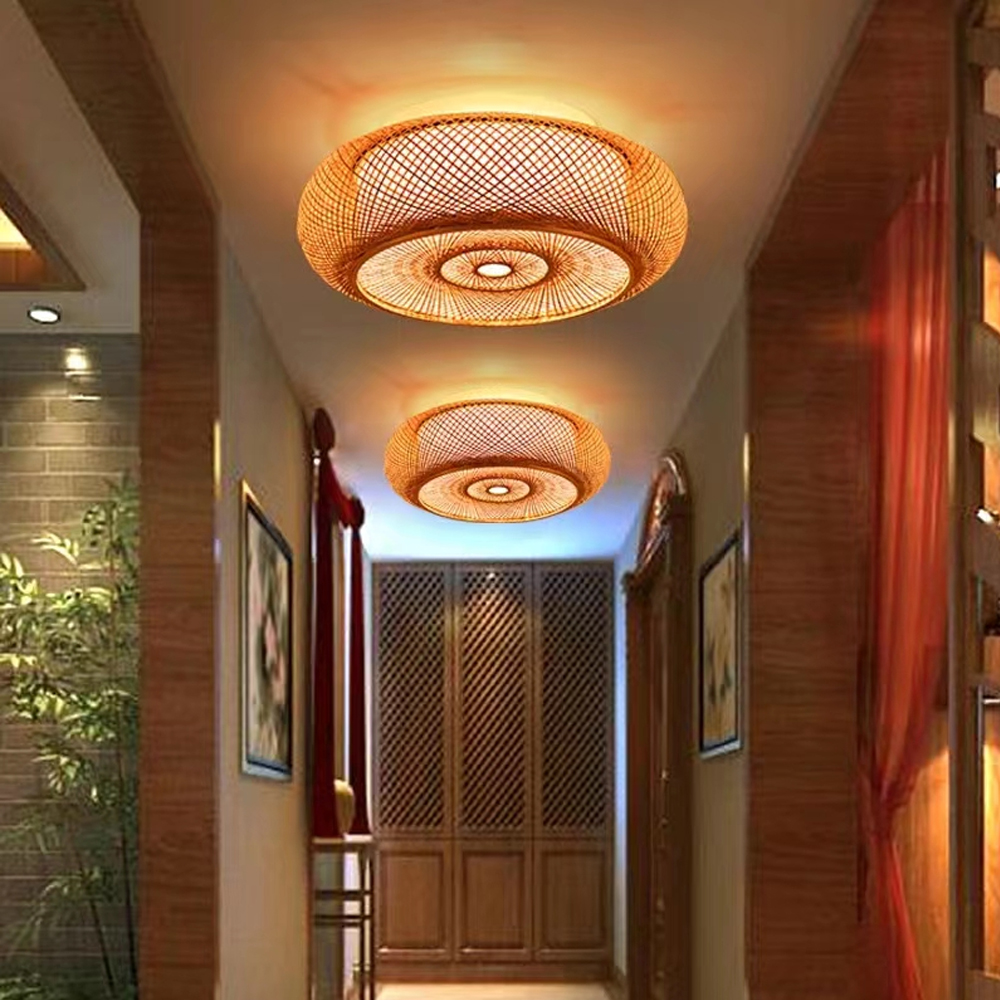 Japanese Style Flush Mount Bamboo Ceiling Light For Living Room-Handwovenlamp