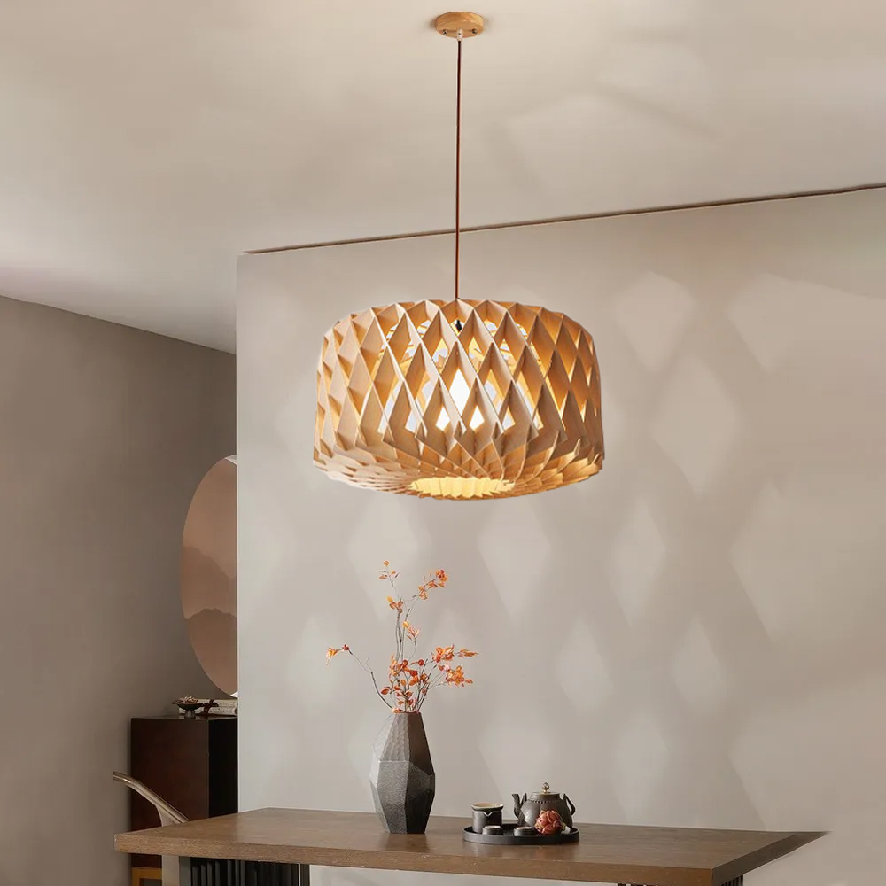 Wabi-Sabi Wooden Pendant Light Dining Room Basswood Chandelier-Handwovenlamp