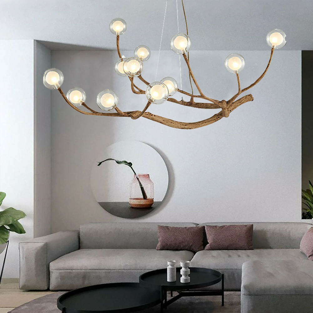 Nordic Rustic Tree Branch Hanging Chandelier with Bubble Glass lighting-Handwovenlamp