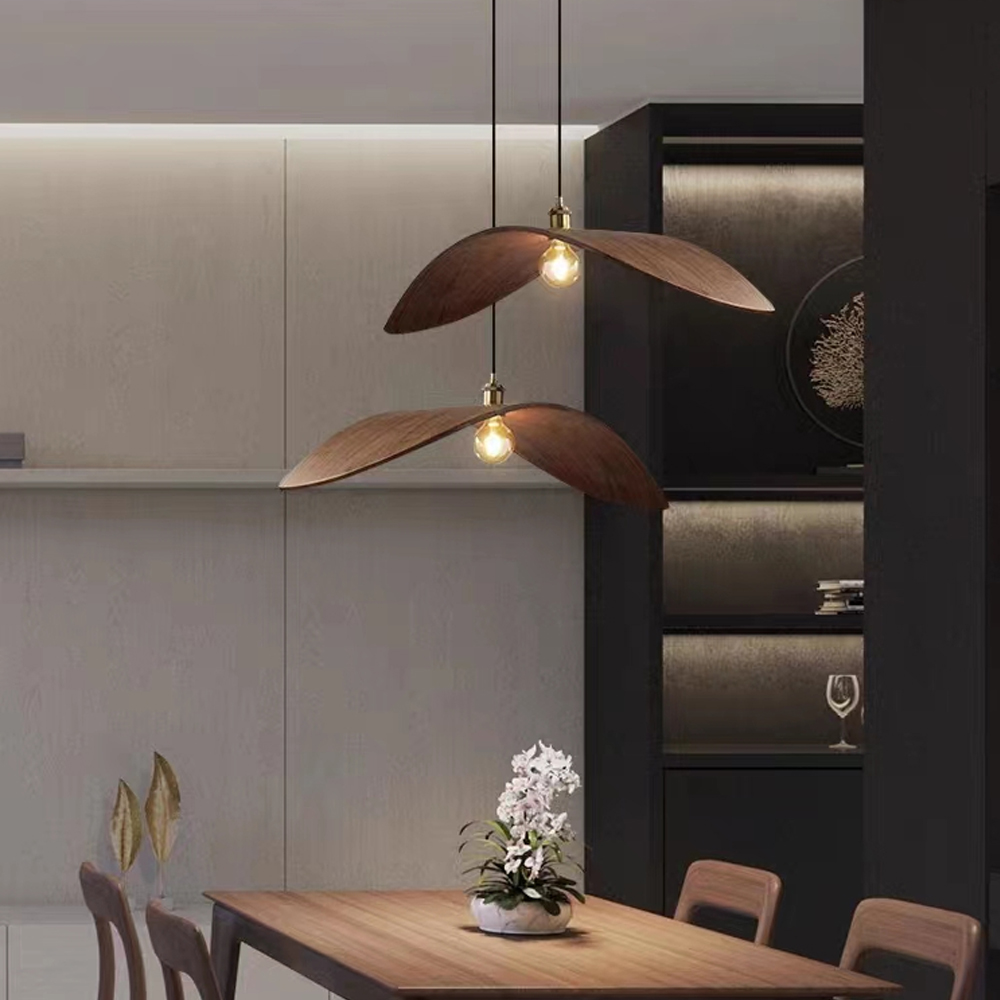 Wabi-Sabi Walnut Chandelier Leaf Shape Wooden Pendant Light-Handwovenlamp