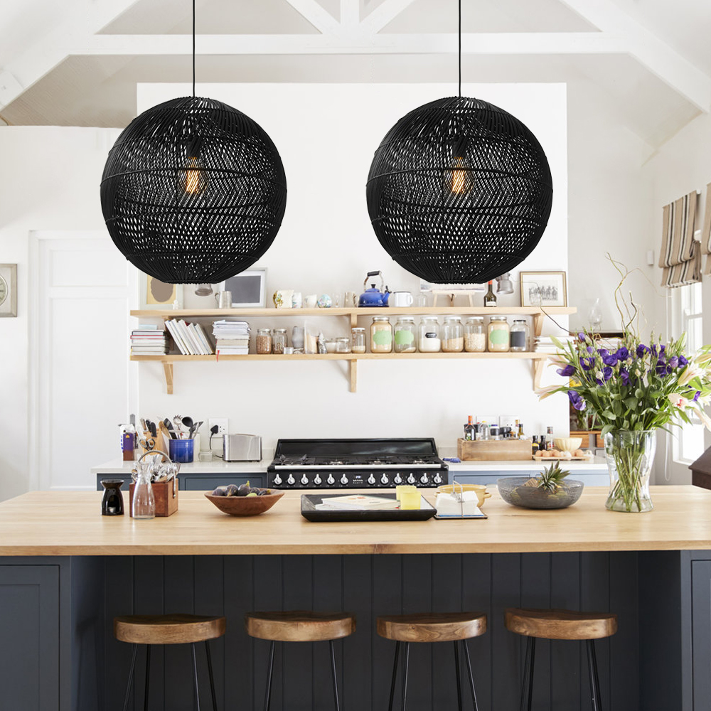 Black or Natural rattan color Round Rattan Pendant Light For Kitchen Island-Handwovenlamp