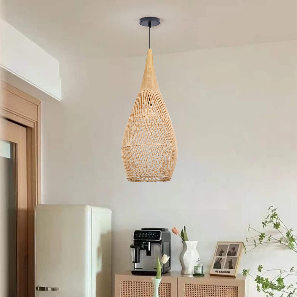Rattan Wood Hanging Lamp Farmhouse Vintage Living Room Water Drop Chandelier-Handwovenlamp