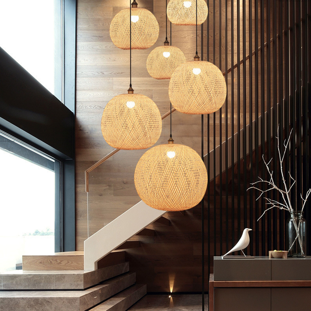 Retro Rattan Bamboo Pendant Lights Hand Woven Spherical Stairwell Lighting-Handwovenlamp