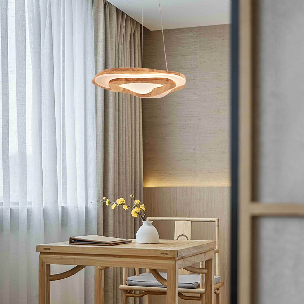 Dimmable Flower-shape Wooden Chandelier Dining Room Living Room Decor Pendant Lighting Fixture-Handwovenlamp