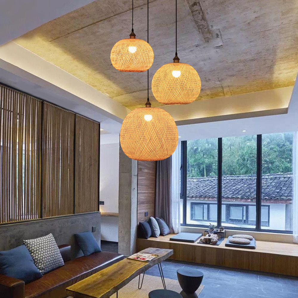 Retro Rattan Bamboo Pendant Lights Hand Woven Spherical Stairwell Lighting-Handwovenlamp