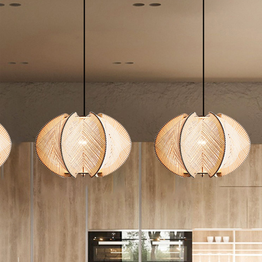 Retro Wabi sabi Irregular Dining Room Hanging Lamp Wooden Rope Light Fixture-Handwovenlamp