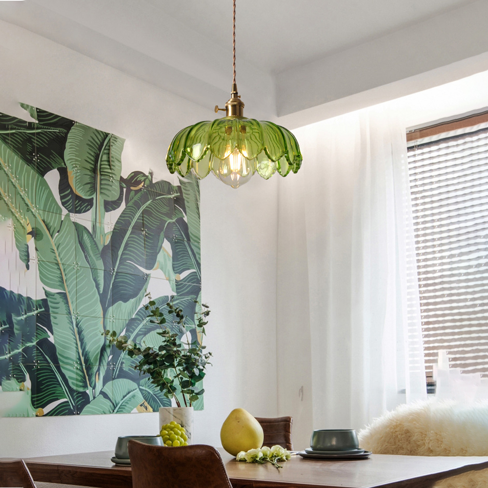 Vintage Green Copper Glass Chandelier Adjustable Pendant Light-Handwovenlamp