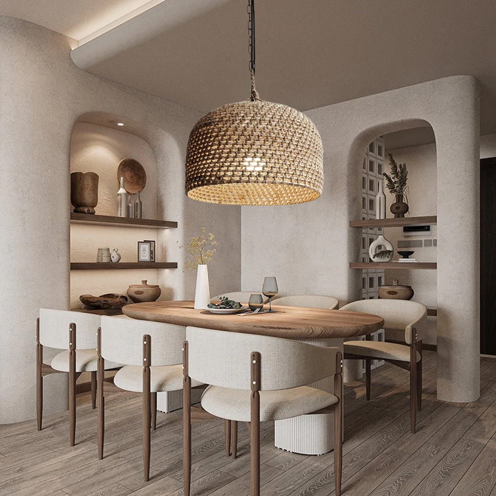 Japanese Rattan Weaving Kitchen Counter Pendant Light Hemp Rope Chandelier-Handwovenlamp