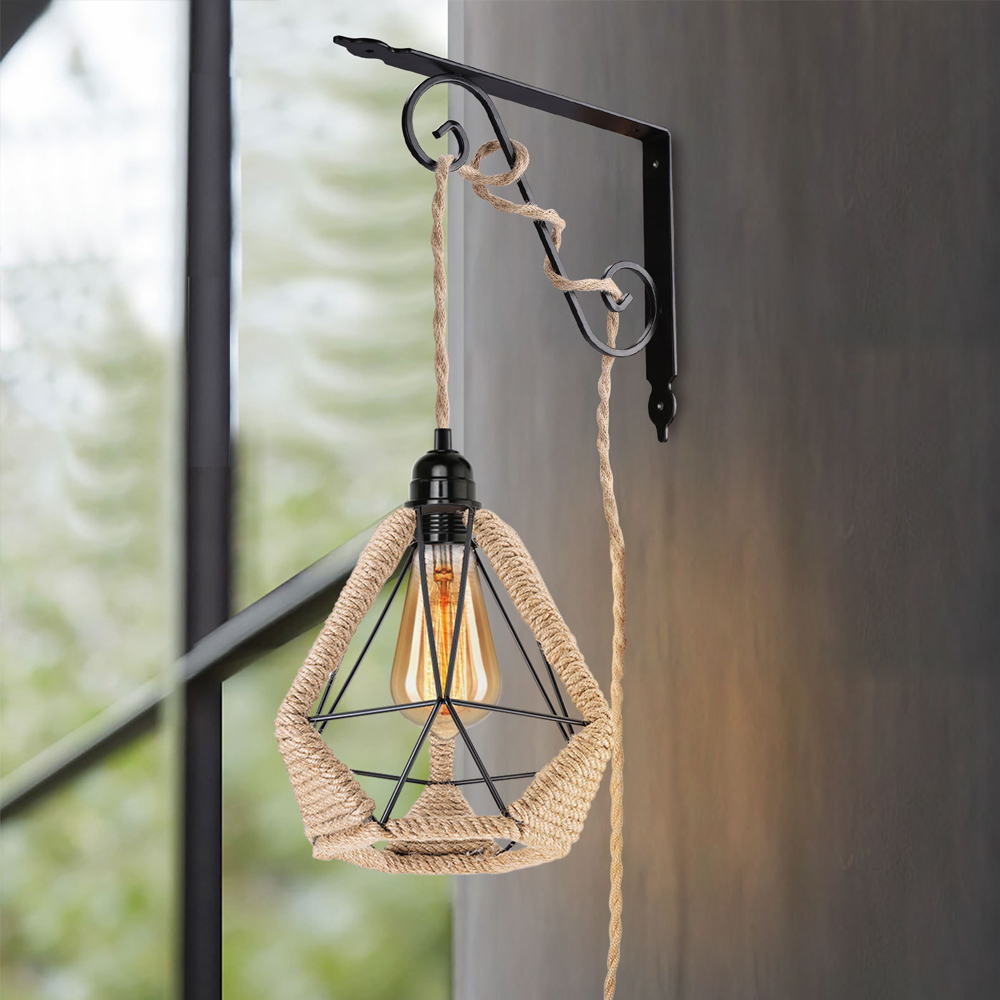 Industrial Retro Hemp Rope Diamond Head Metal Cage Loft Iron Wire Welding Lampshade-Handwovenlamp