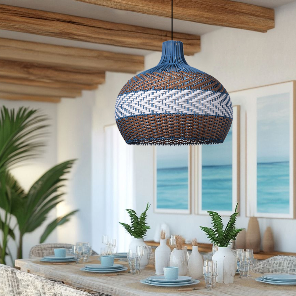Courtland Blue Rattan Pendant Light Interior Designer Recommended Lamps-Handwovenlamp